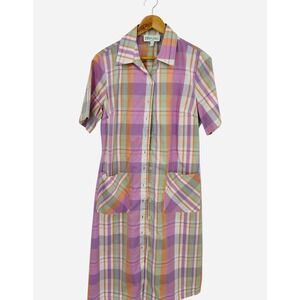 Ellen Tracy Plaid Shirt Dress Button Front Pockets Midi Women Medium‎ rtro